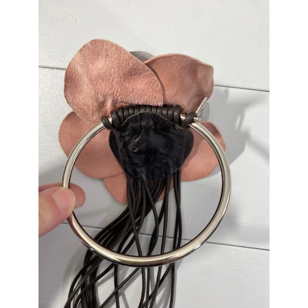 Y2K LC Leather Petal Flower Cord Wrap Belt O/S Pink Boho Floral Brown Cord Rose